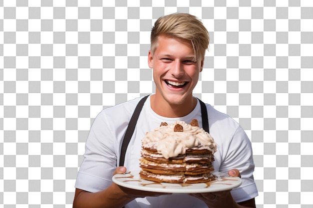 Joven hombre rubio guapo en fondo de llave cromada aislado sosteniendo pastel