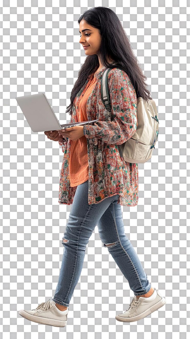 PSD una joven india con una computadora portátil caminando contra un fondo transparente