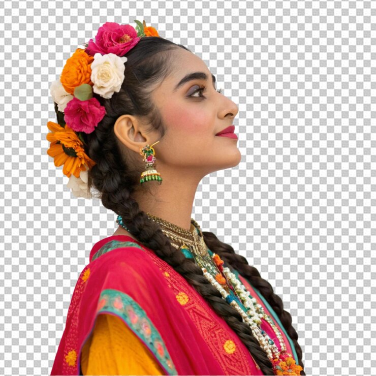 PSD una joven india elegante y hermosa posando en un sari.