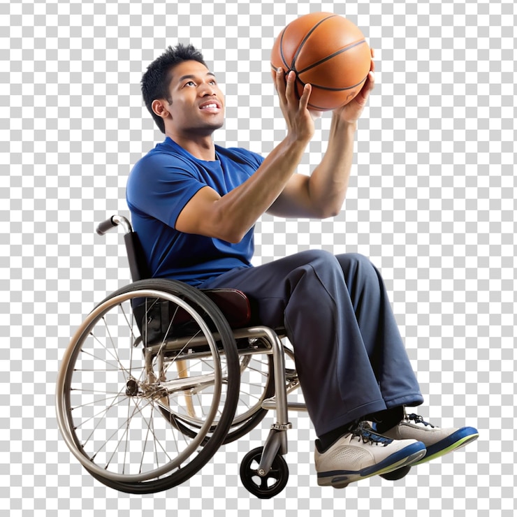 PSD joven latino discapacitado jugando al baloncesto aislado en un fondo transparente