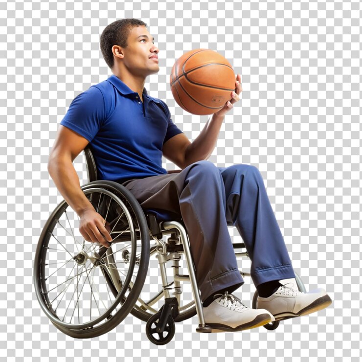 PSD joven latino discapacitado jugando al baloncesto aislado en un fondo transparente