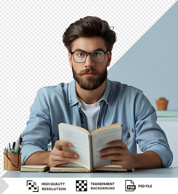 Un joven lee un libro con una camisa azul y gafas contra un fondo limpio
