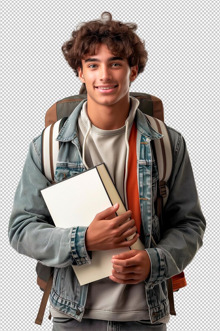 PSD un joven con un libro en la mano y un libro en el bolsillo