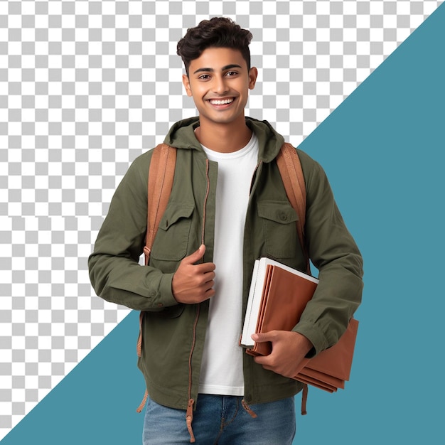 Un joven con un libro en su fondo transparente