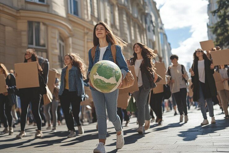 PSD una joven lidera una marcha de protesta contra el cambio climático sosteniendo un globo terrestre