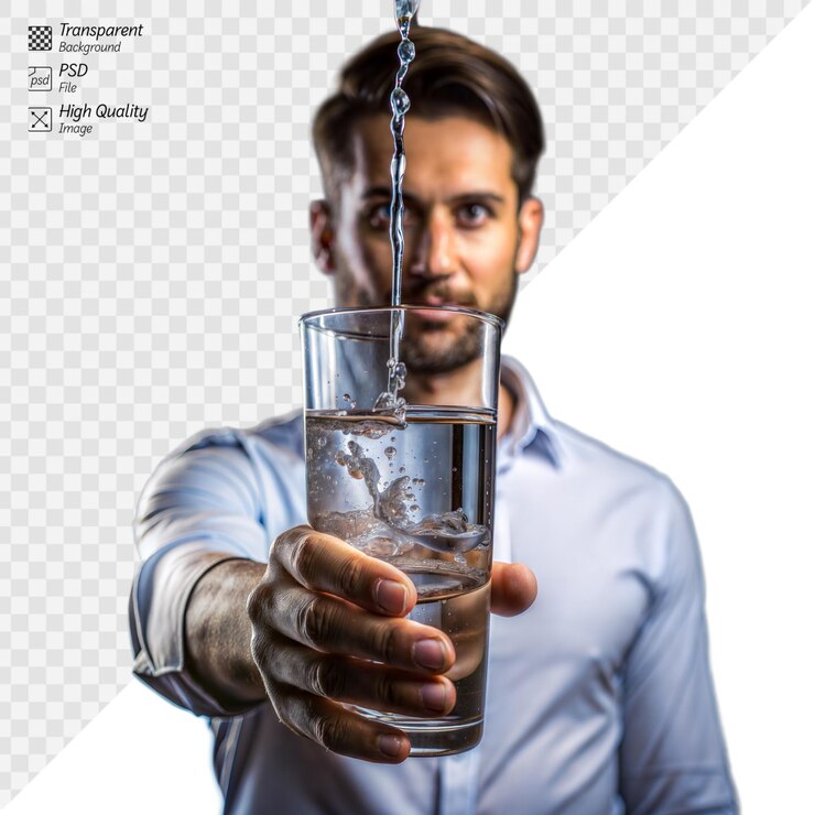 PSD un joven llena un vaso con agua que refleja un estilo de vida fresco