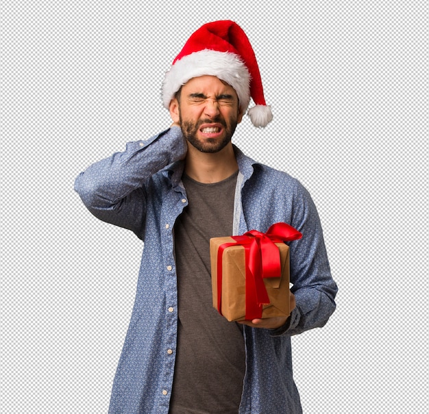 Joven, llevando, santa sombrero, sufrimiento, dolor de cuello