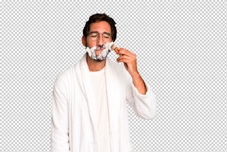 PSD joven loco barbudo y expresivo con bata de baño y concepto de barba afeitada