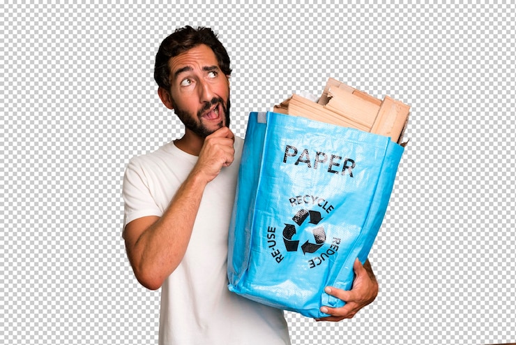 PSD joven loco barbudo y expresivo con una bolsa para reciclar