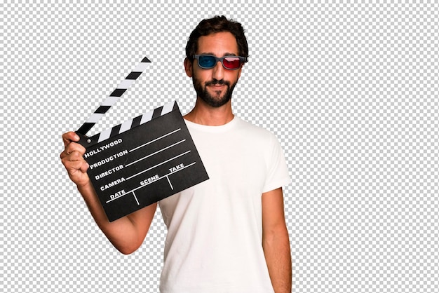 Joven loco barbudo y expresivo con un concepto de película o película de cine badajo