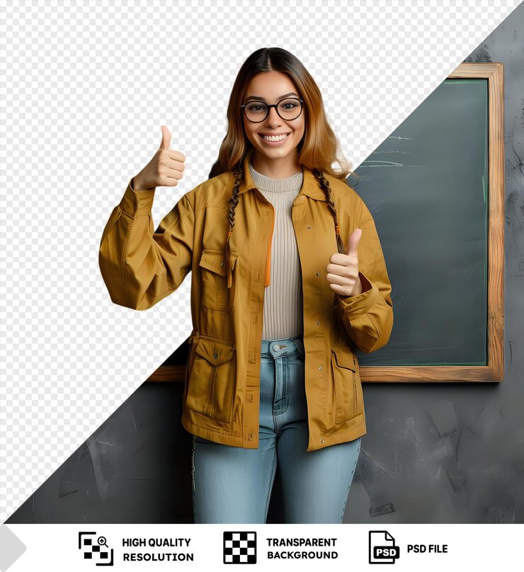 PSD una joven maestra confiada explicando las lecciones cerca de una pizarra señalando y sonriendo