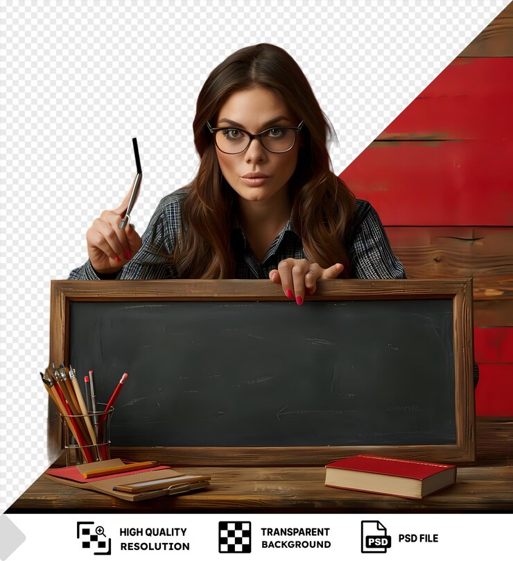 PSD una joven maestra estricta con gafas apuntando a la pizarra en el aula con paredes rojas sosteniendo un libro