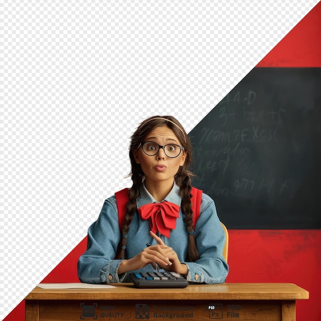 Joven maestro con gafas confundido mientras enseña en clase con una calculadora