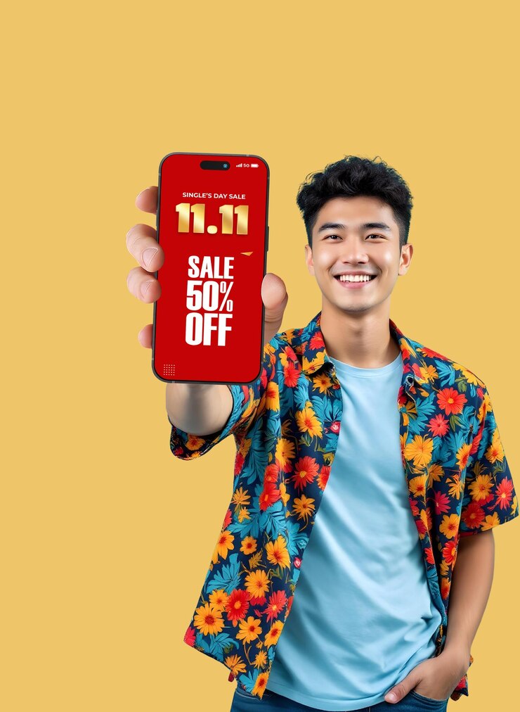 PSD joven con una maqueta de teléfono inteligente con 11 11 en venta