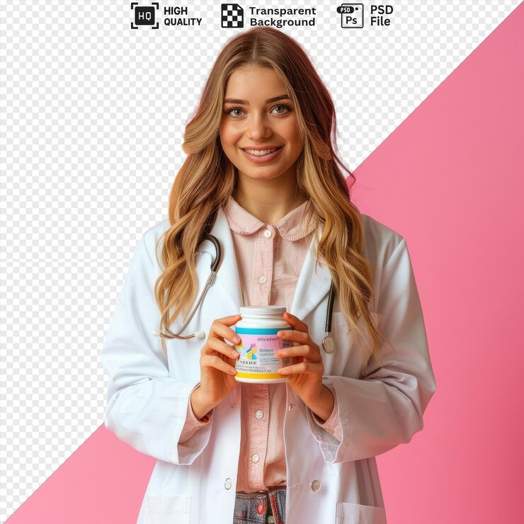 joven médica aislada con un frasco de vitaminas en las manos de pie frente a la pared rosa con pantalones vaqueros azules y con el cabello largo fluyendo sosteniendo una taza blanca en su otra mano png psd