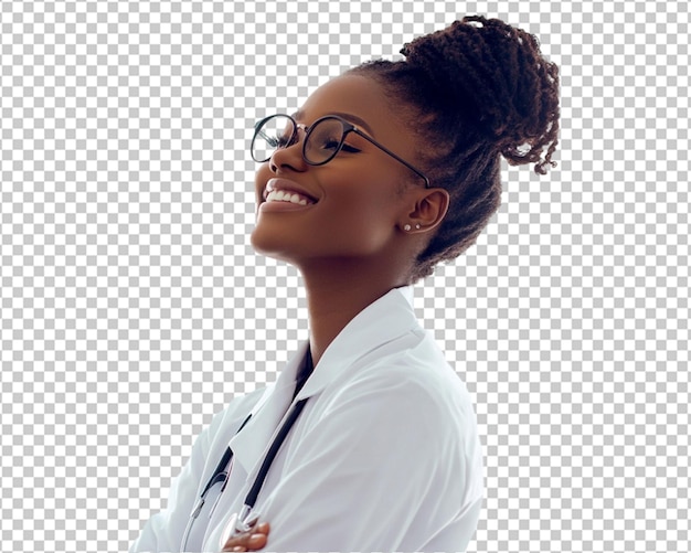 Una joven médica feliz con los brazos cruzados sonriendo con confianza se muestra en una vista lateral contra un fondo blanco