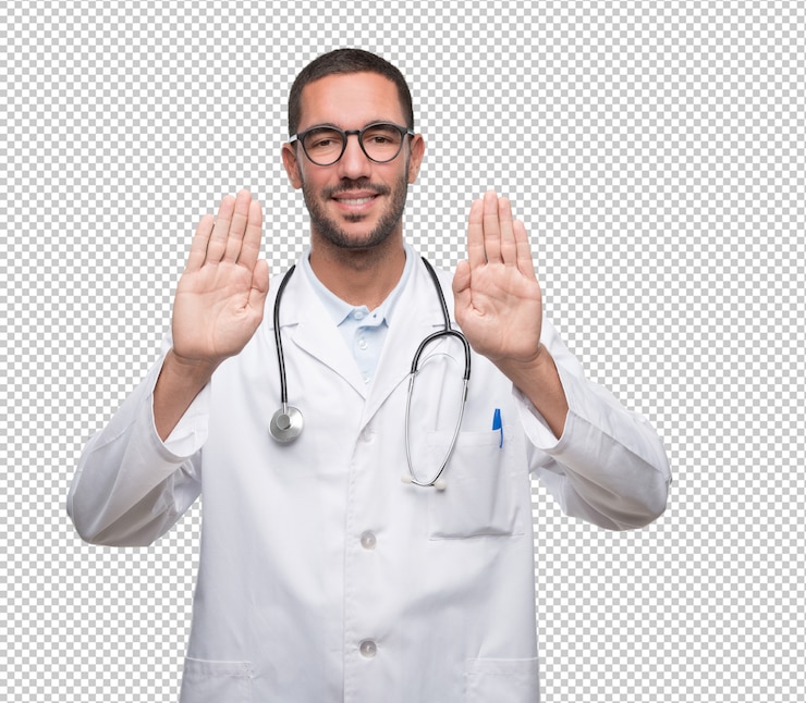 PSD joven médico haciendo un gesto de parada con las manos.