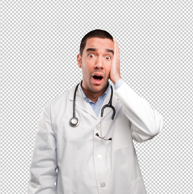 Joven médico preocupado con un gesto de depresión.