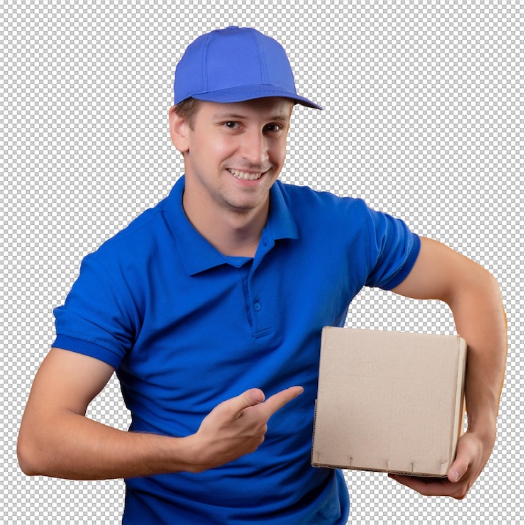 PSD joven mensajero guapo en uniforme azul y gorra sosteniendo un paquete de caja señalando con el dedo
