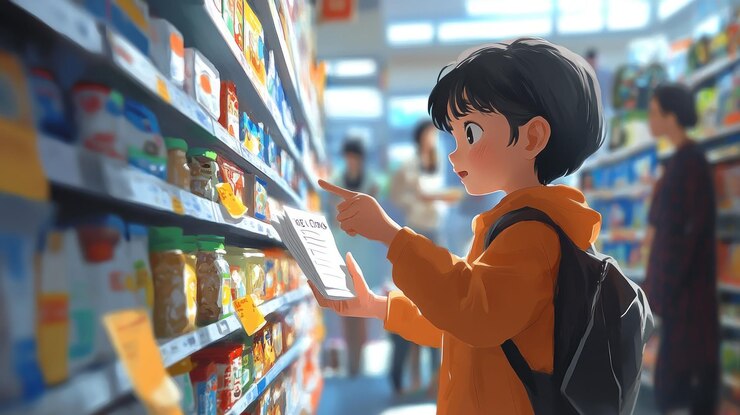 PSD una joven con una mochila compra comestibles en un supermercado comprobando una lista de compras