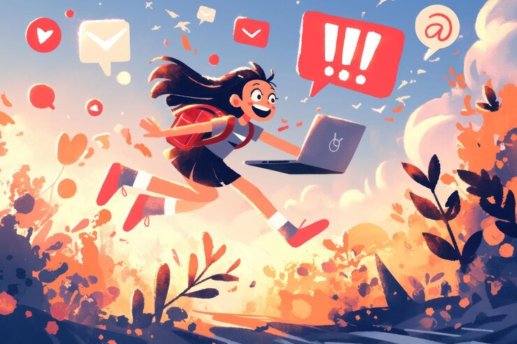 PSD una joven con una mochila salta con una computadora portátil en la mano rodeada de iconos y notificaciones de redes sociales