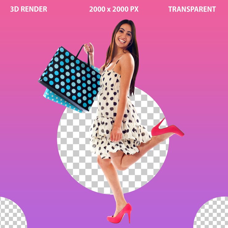PSD una joven modelo comprando anuncios y carteles de redes sociales en un fondo transparente