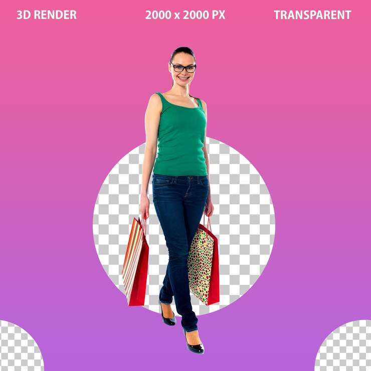 PSD una joven modelo comprando anuncios y carteles de redes sociales en un fondo transparente