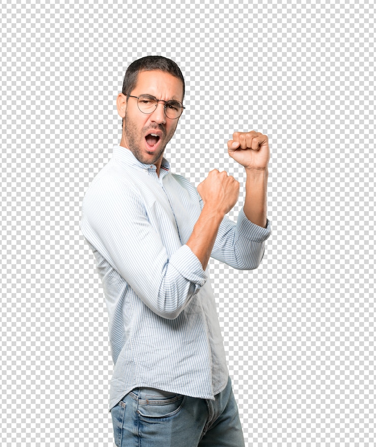 PSD joven molesto haciendo un gesto competitivo