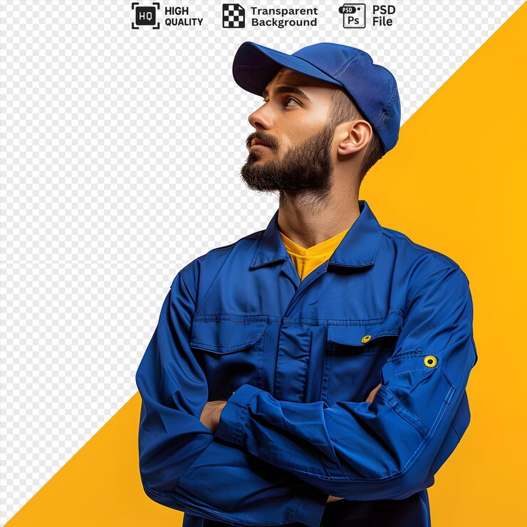 Un joven en un mono azul y gorra de pie con los brazos cruzados mirando hacia el lado aislado en un fondo transparente