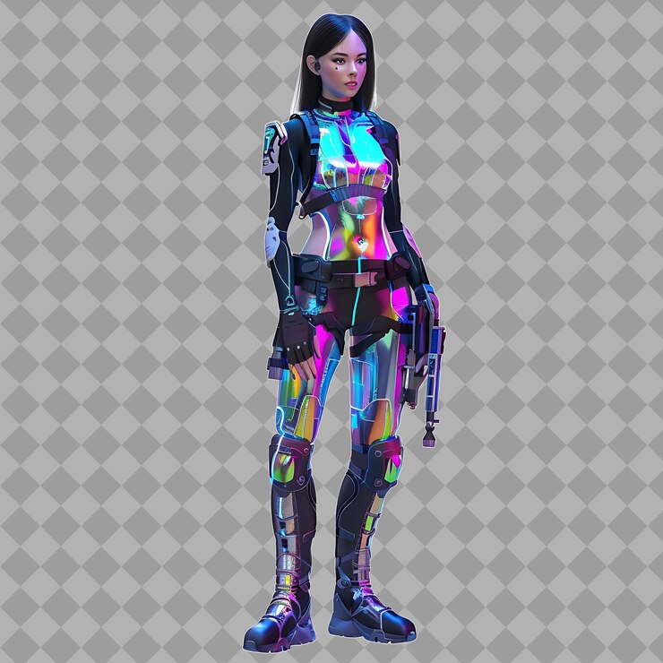 PSD joven mujer asesina cyberpunk con forma elegante acentuada por neón ilustración de personajes 3d aislados
