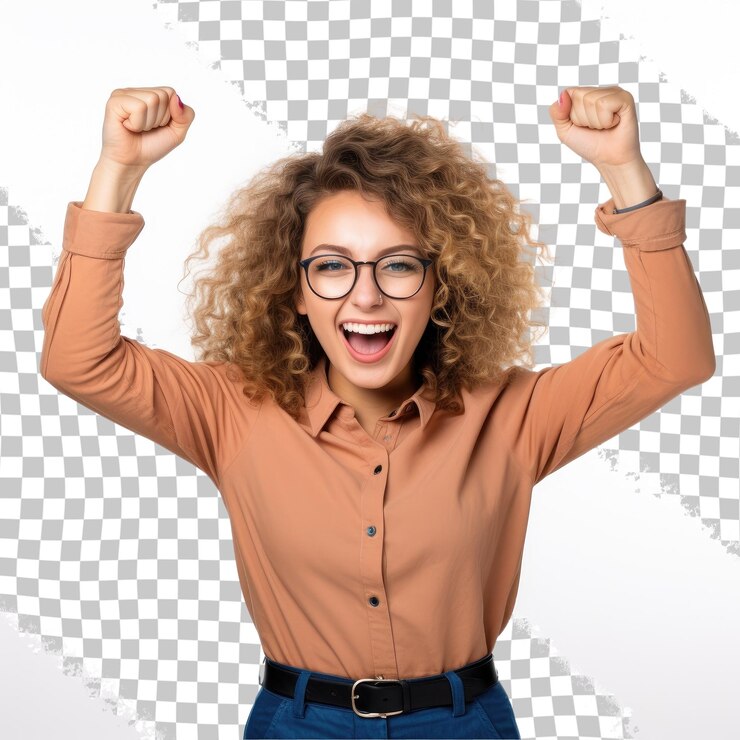 PSD joven mujer caucásica aislada en un fondo transparente celebrando una victoria