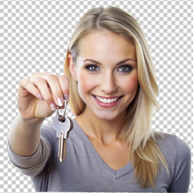 Joven mujer caucásica con llaves de casa en un fondo transparente