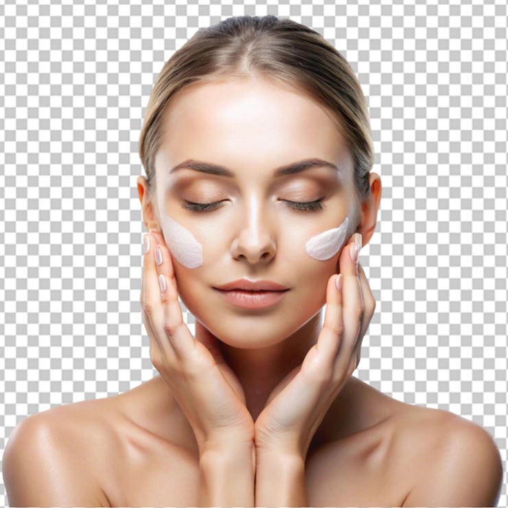 PSD joven mujer hermosa con los ojos cerrados aplicando crema de tarifas en un fondo transparente
