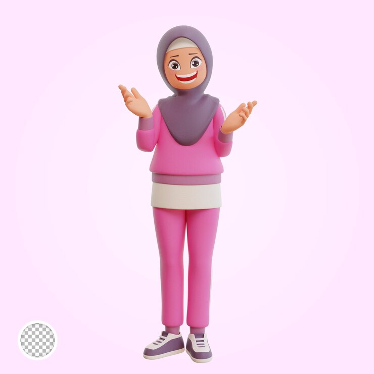 PSD joven mujer musulmana deportiva sonriente posando feliz ilustración de dibujos animados en 3d