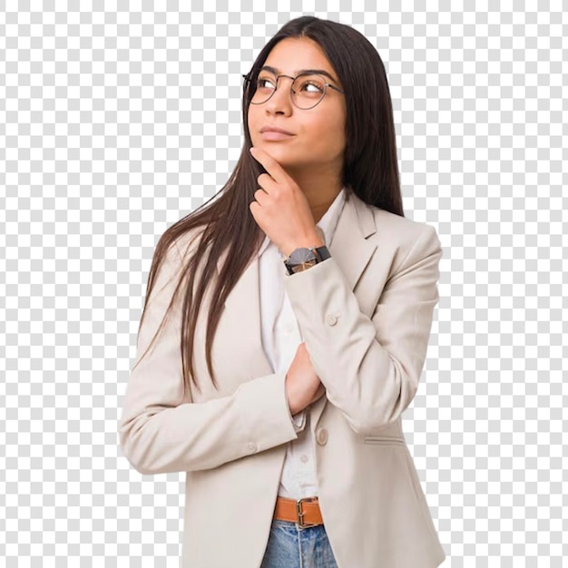 Joven mujer de negocios árabe aislada contra una pared blanca mirando hacia los lados en transparencia