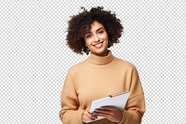 PSD joven mujer de negocios sonriente y atractiva usando notas adhesivas aisladas en un fondo transparente