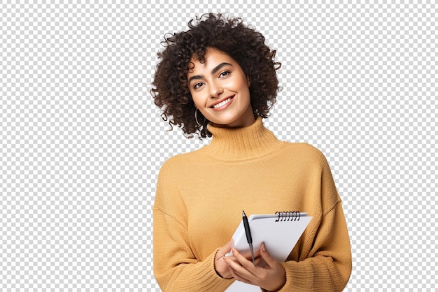 PSD joven mujer de negocios sonriente y atractiva usando notas adhesivas aisladas en un fondo transparente