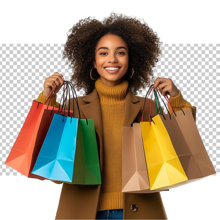 PSD joven mujer negra con bolsas de compras