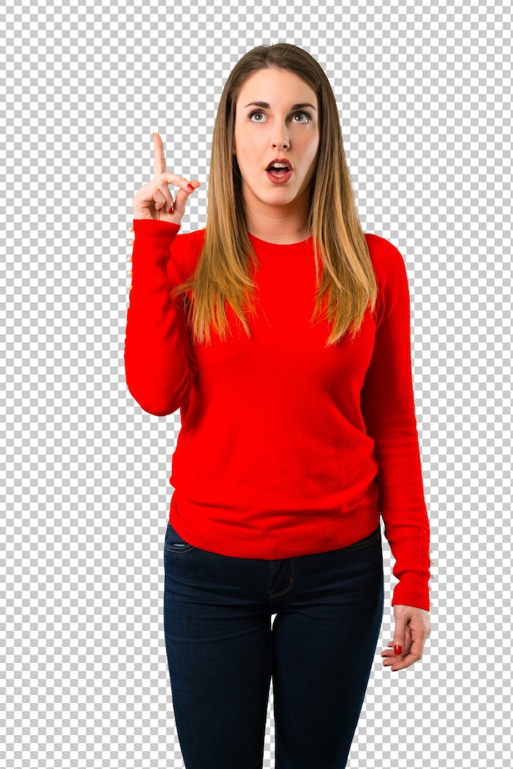 PSD joven mujer rubia de pie y pensando una idea