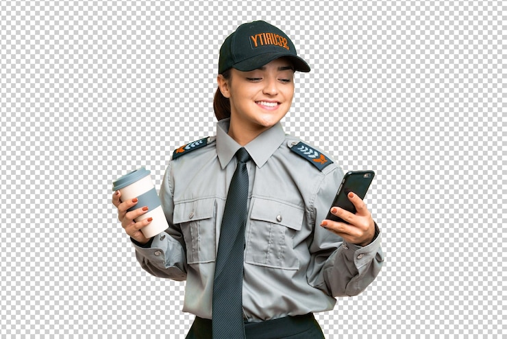 PSD joven mujer de salvaguardia sobre fondo de llave de croma aislado sosteniendo café para llevar y un móvil