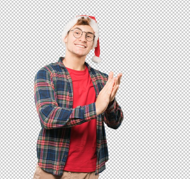 Joven en Navidad haciendo gestos