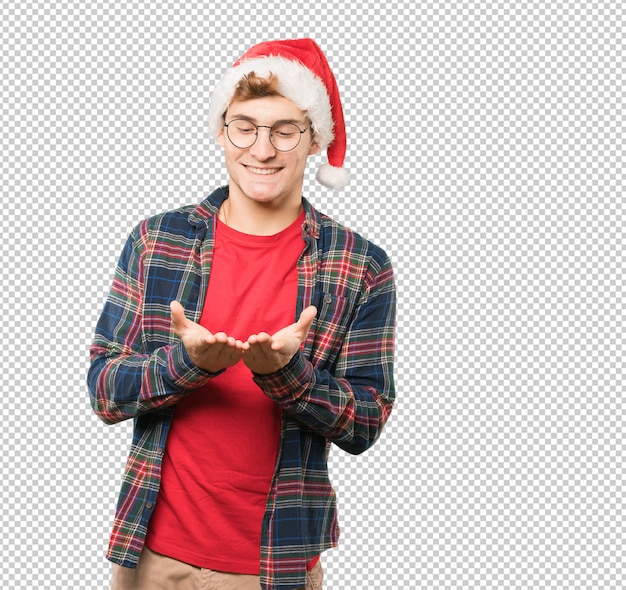 Joven en Navidad haciendo gestos