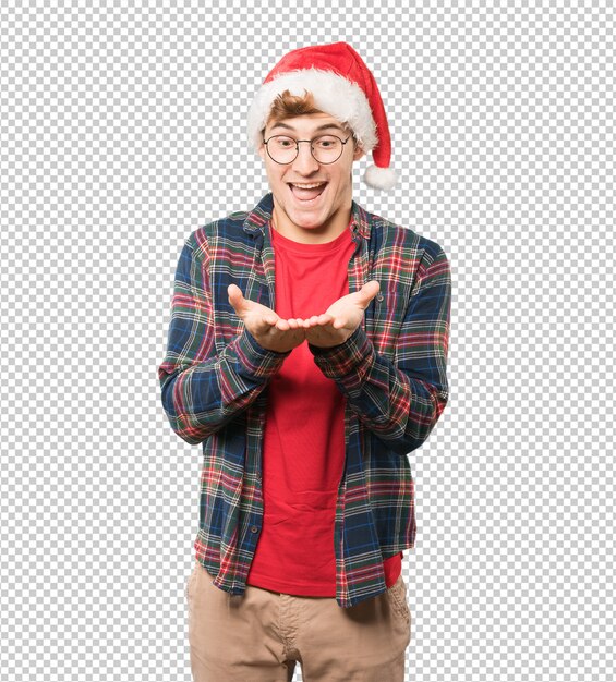 Joven en Navidad haciendo gestos