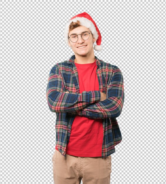 Joven en Navidad haciendo gestos