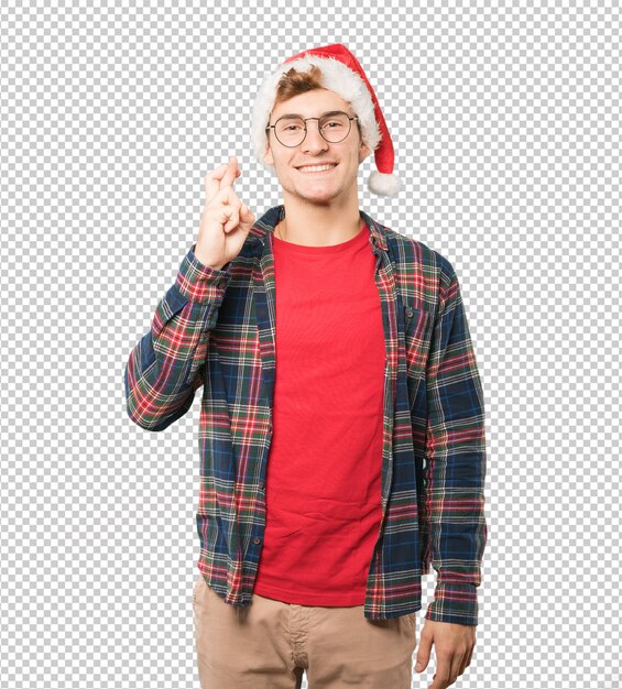 Joven en Navidad haciendo gestos