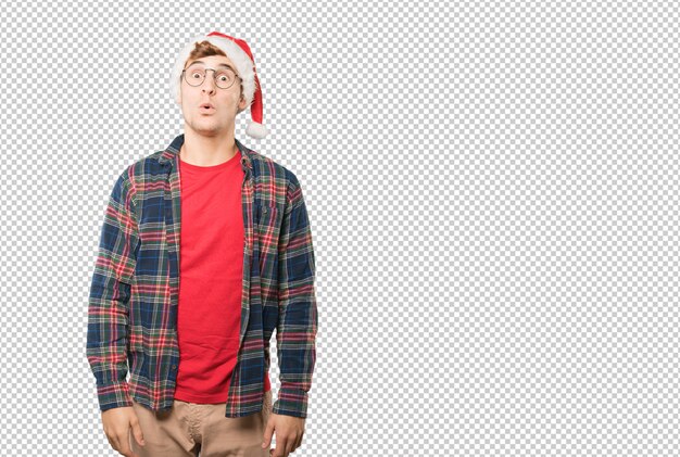 Joven en Navidad haciendo gestos