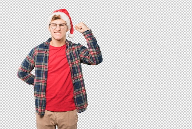 Joven en Navidad haciendo gestos