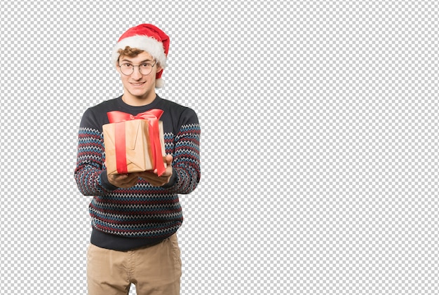 Joven en Navidad haciendo gestos