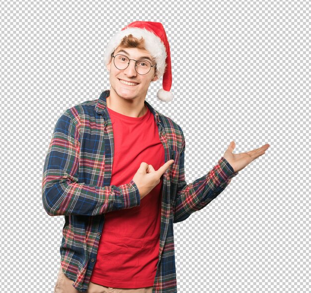 Joven en Navidad haciendo gestos