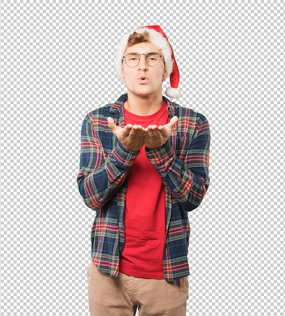 Joven en Navidad haciendo gestos